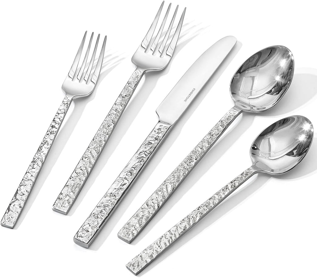 60 Pieces Hammered Silverware Set for 12, 18/10 Stainless Steel Heavy Duty Flatware Set, Tableware Cutlery Utensil Sets