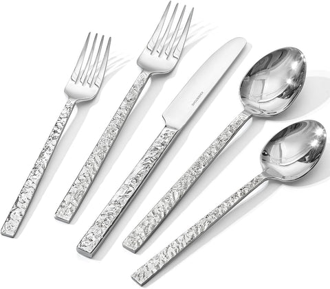 60 Pieces Hammered Silverware Set for 12, 18/10 Stainless Steel Heavy Duty Flatware Set, Tableware Cutlery Utensil Sets