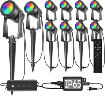 10 Pack Outdoor RGBW Landscape Lights, Color Changing Spot Uplights | Dusk to Dawn Sensor Controller with Remote