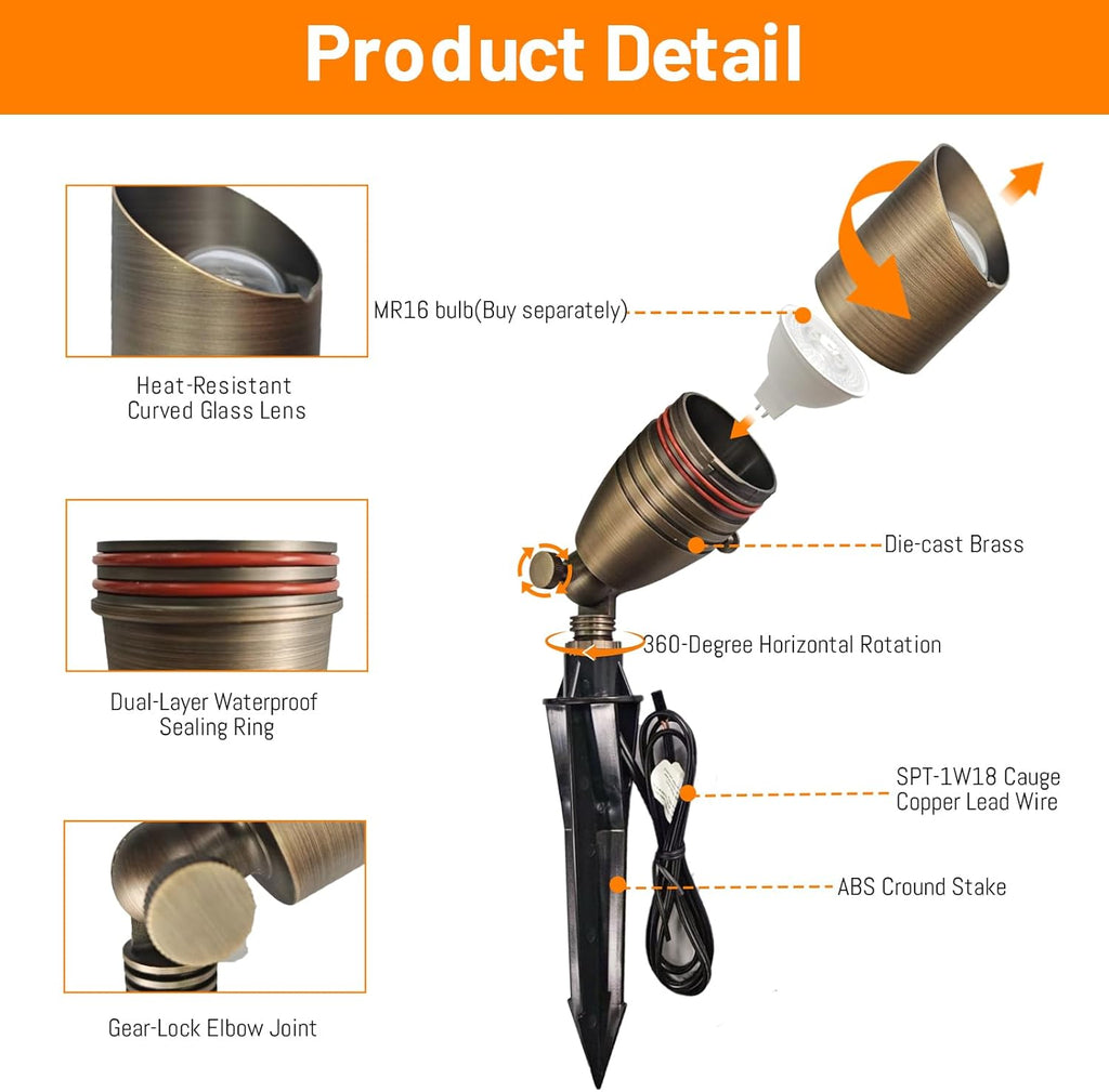 12V Low Voltage Brass Landscape Spot Lights, Waterproof LED Uplights & Accent Lighting with Connectors, Heavy Duty