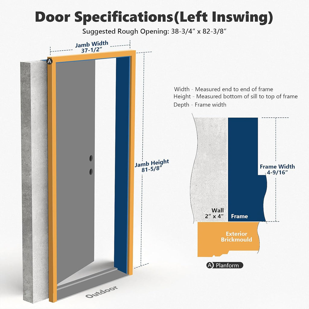 36 x 80 Fiberglass Entry Door with Brickmould, Frosted Glass - Contemporary Style for Home's Front Entrance, Left Hand
