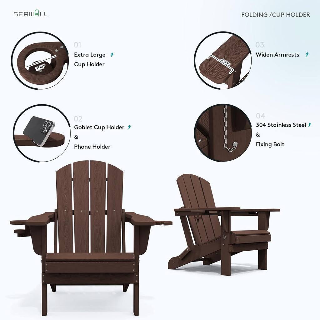 Outdoor Adirondack Chairs Set of 2 with Cup Holders,Foldable,Coffee | HDPE Composite,Waterproof,Wood Grain,Cup &