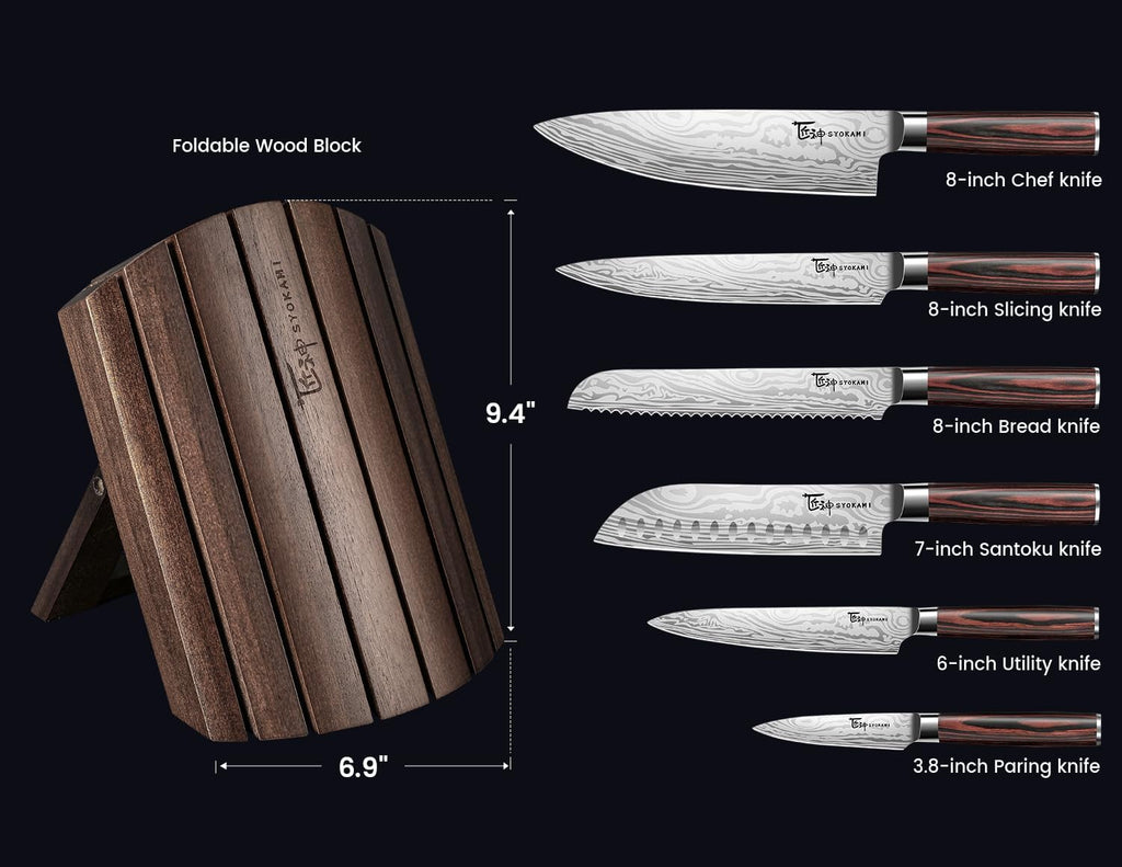 2026 Upgrade Knife Set 7 Piece Japanese Style Kitchen Knife Set With Foldable Magnetic Acacia Wood Block Sharp High