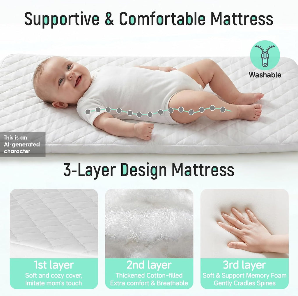 Bassinet Bedside Sleeper,3-in-1 Baby Bassinet with Mattress & Wheels,Easy Folding Portable Bedside Bassinet for Baby
