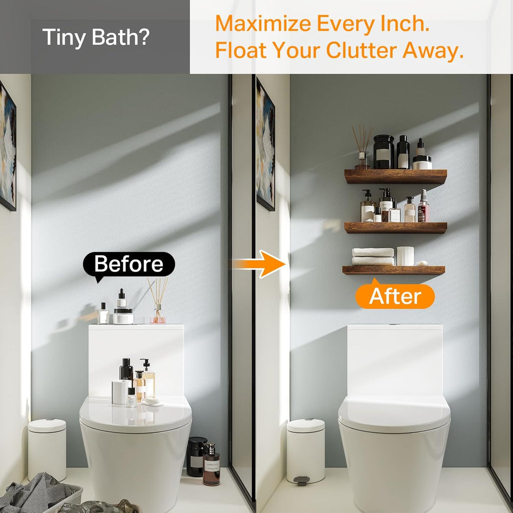 Rustic Brown Bathroom Floating Shelves, 15.7in, 3Pk, Wall Mount Shelf | 22lbs Max Load, Hidden Bracket, Bedroom
