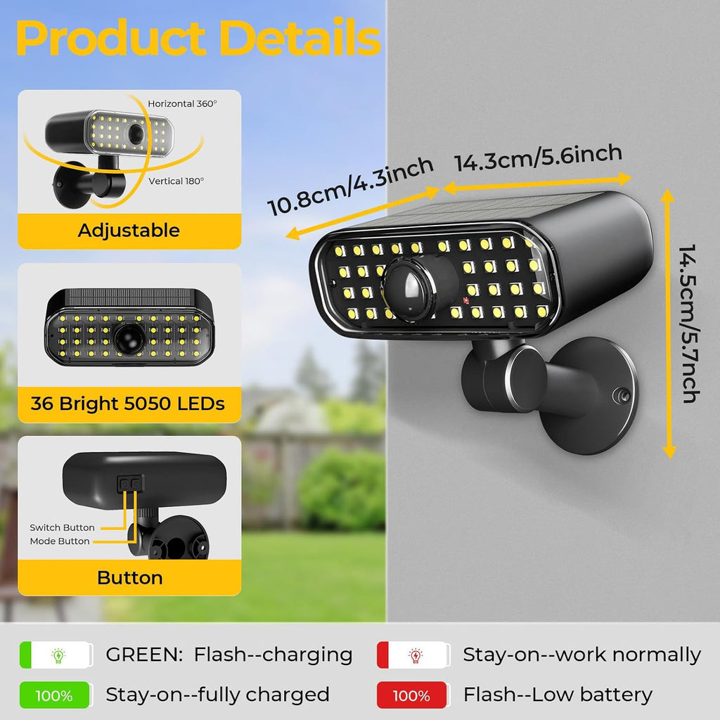 Solar Security Lights Outdoor, Motion Sensor 3 Modes, 2 Pack | IP67 Waterproof, Super Bright 5050 SMD LEDs, 180°