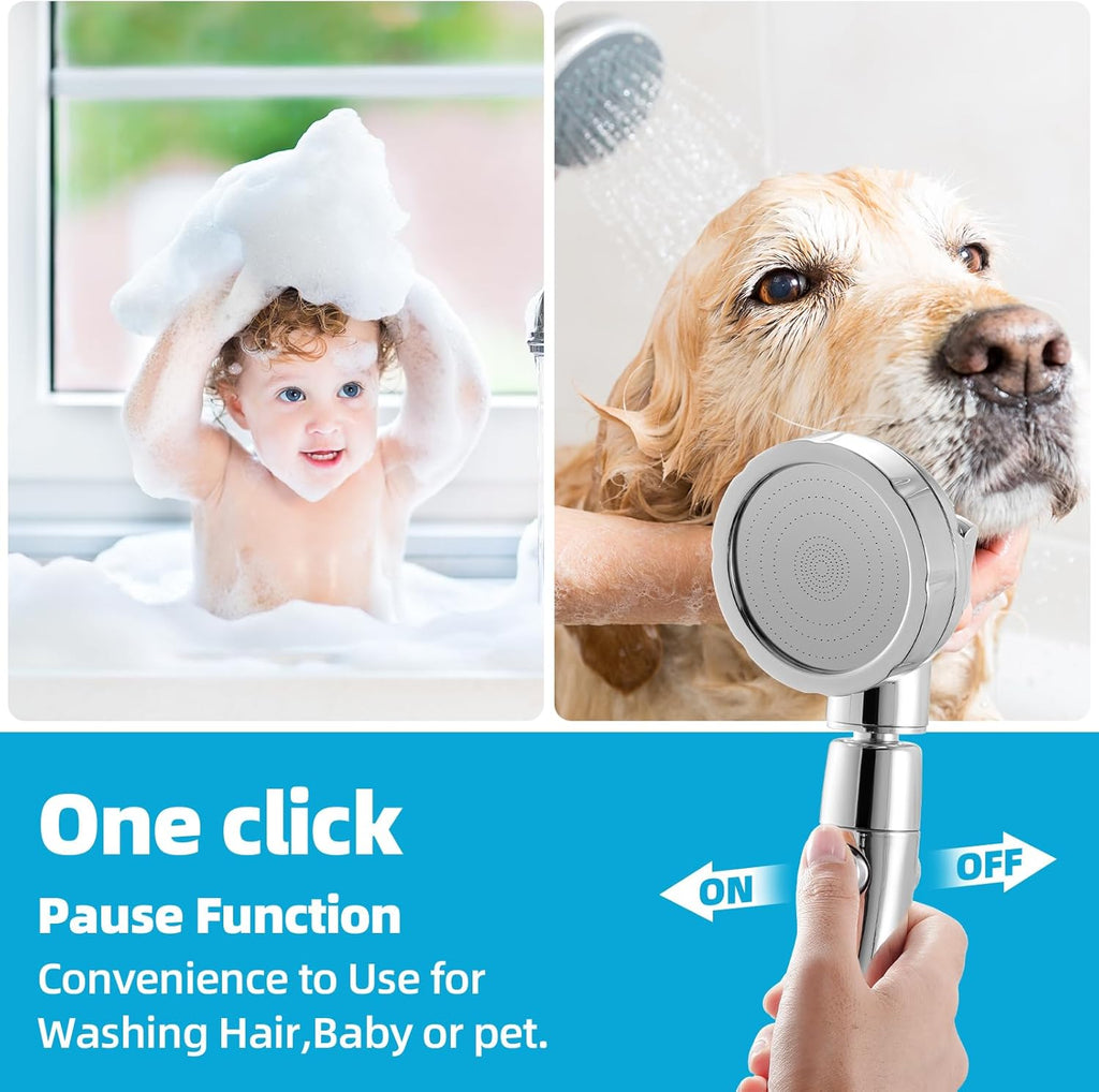 High Pressure Shower Head, 3-Settings Handheld Showerhead with ON/Off Full Shutoff Push Button and Switch to Control