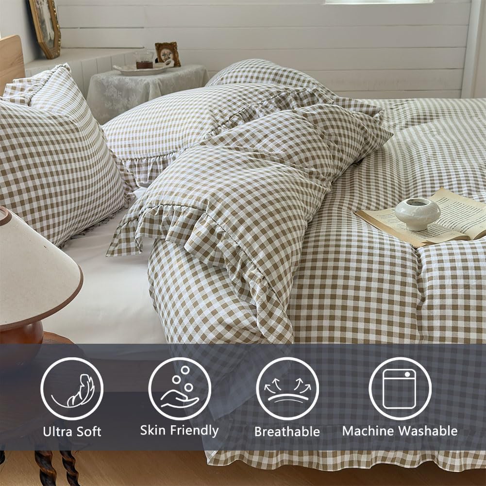 Tan Gingham Ruffle Duvet Cover, 3 Pieces Taupe Soft Pre-Washed Microfiber Checked Plaid Comforter Cover Set