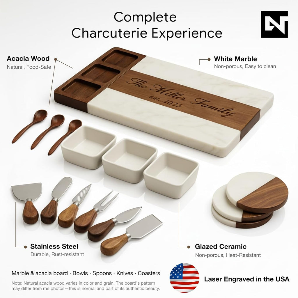 Personalized Charcuterie Board Set, Custom Engraved Marble Acacia Wood Cheese Board with Knife Set, Serving Board for