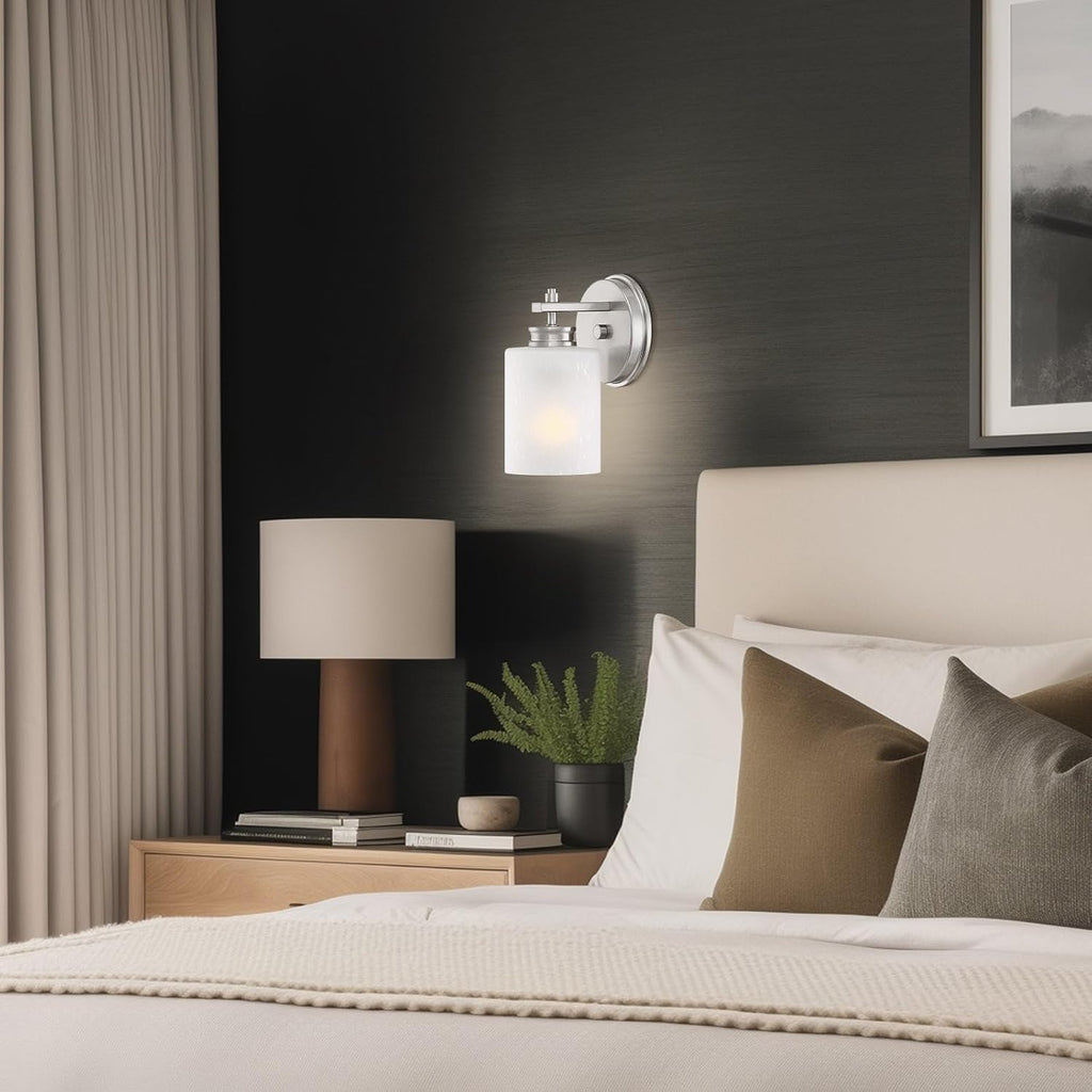 Phoebe 8" Modern Industrial Wall Sconce Vanity | Elegant Frosted Seeded Glass Cylinder Shade, Sleek Brushed Nickel