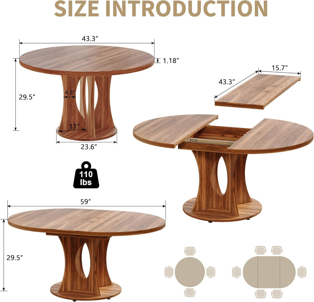 43.3-59 Inch Extendable Round Dining Table for 6-8 People, Oval Dinner Table with Adjustable Top and A Stable Round