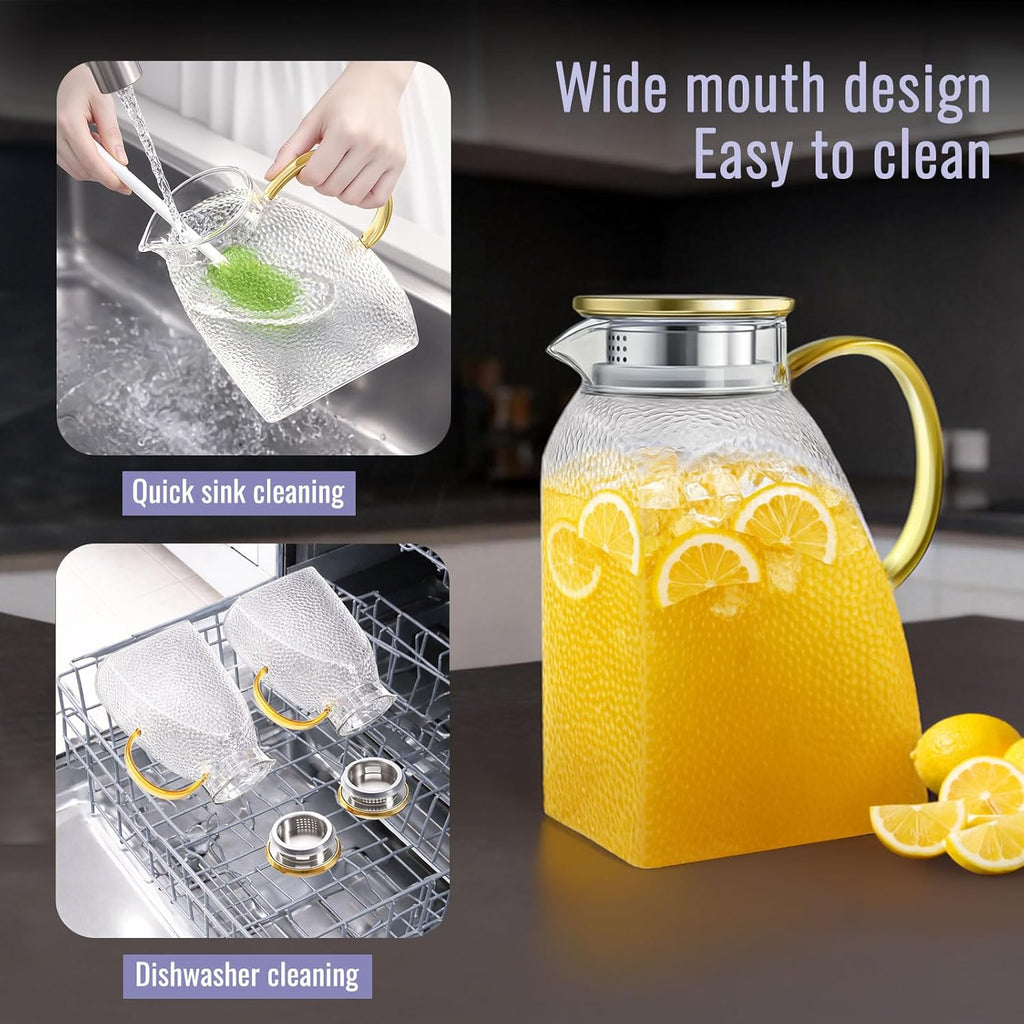 Glass Pitcher With Lid and Spout, 1.8 Liter 60 oz Glass Pitchers With Handle And Lid, Jug Water Pitchers For Fridge