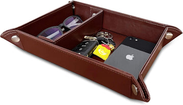 Valet Tray for Men and Women - PU Leather Nightstand Organizer with Desk Catchall Tray, Dresser Box for Keys, Jewelry