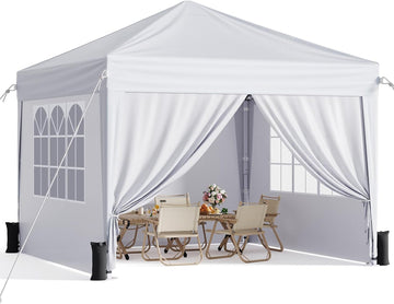 10x10 Pop Up Canopy with Sidewalls, Instant Portable Canopy Tent with Carry Bag Events, Camping, Parties - White