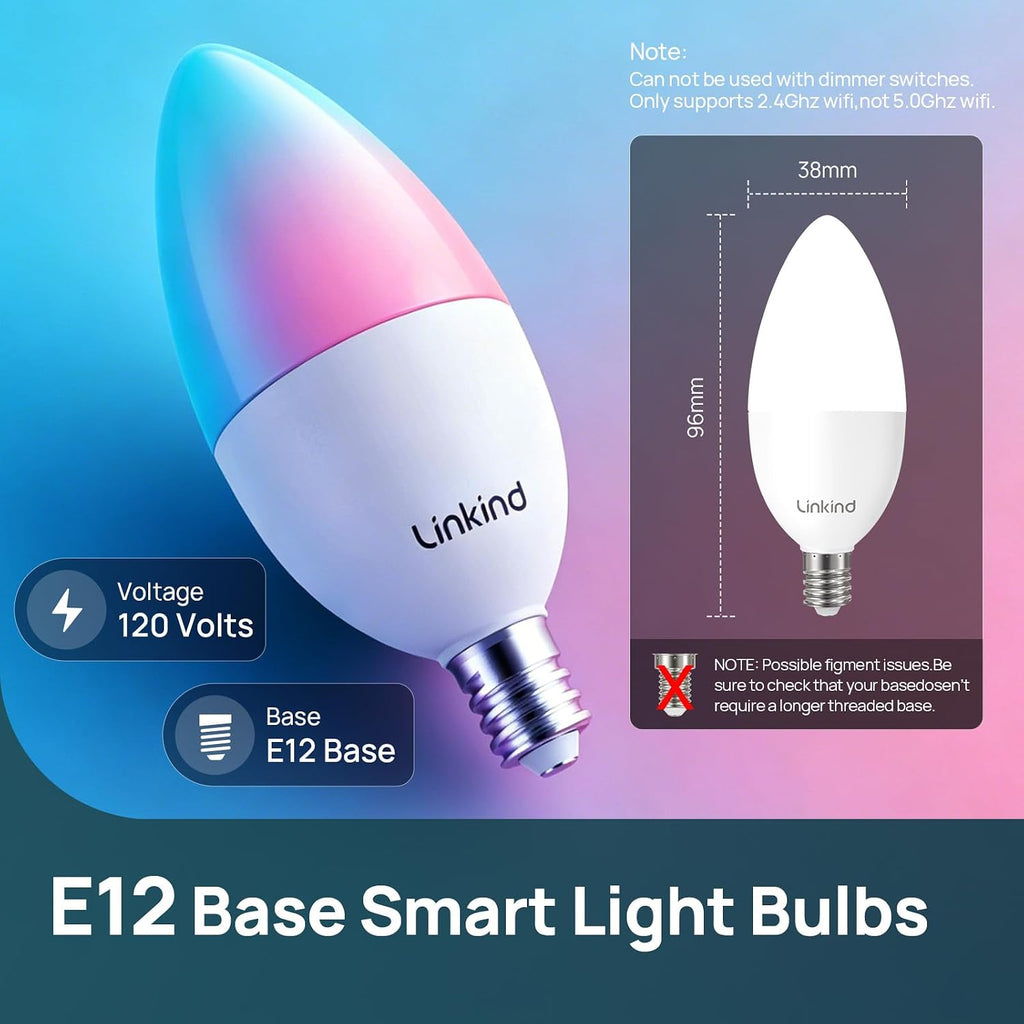 Matter Smart Light Bulbs, E12 Led Bulb Compatible with Alexa, 500LM Smart Bulbs for Chandelier, Color Changing RGBTW (2 Pack)