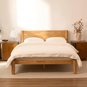 Hako G2 Japanese Joinery Bed Frame, Solid Rubberwood Queen Platform Bed with Storage Headboard, IAS&SGS Certified