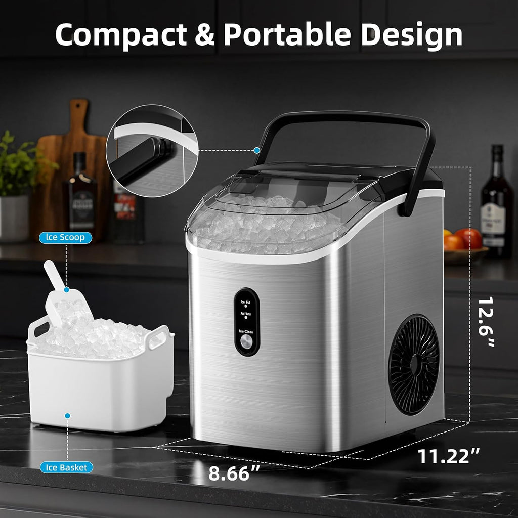 Nugget Ice Maker Countertop with Soft Chewable Ice, Portable Sonic Ice Maker with Basket and Scoop, Removable Top