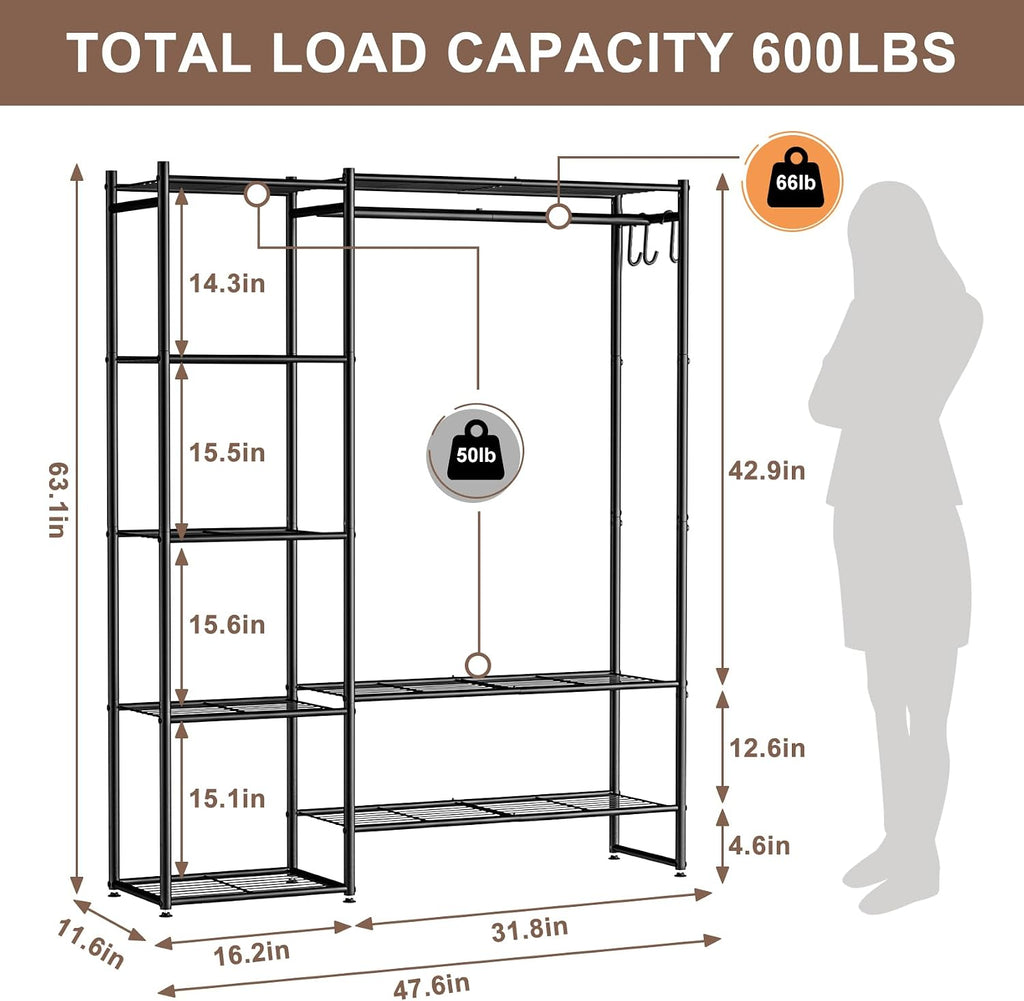 Closet Wardrobe, Closet Organizers and Storage System, Metal Clothes Rack | All in one, With 4 Tiers Shelves