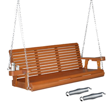 XL 5 FT Pro Wooden Porch Swing with Cup Holders, 880 LBS, Brown