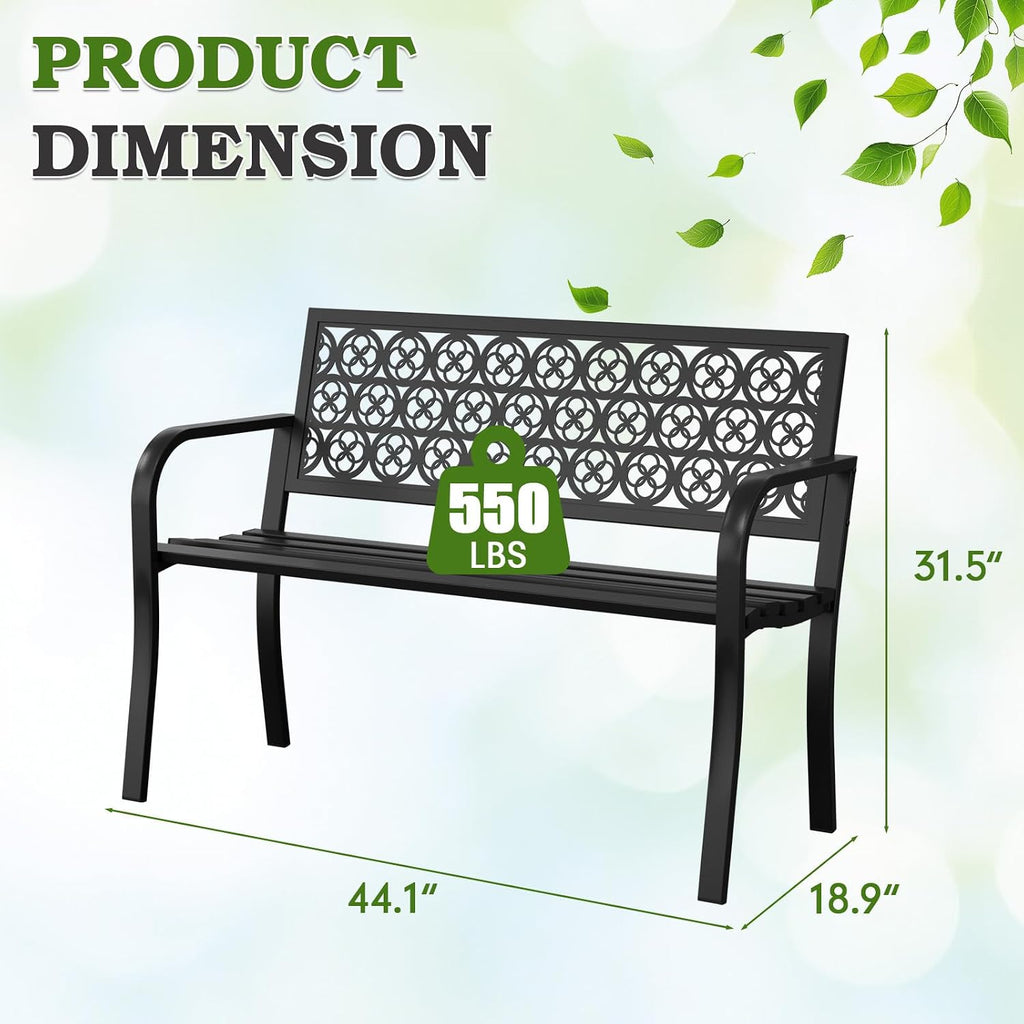 44" Outdoor Garden Bench, Iron Metal Frame Patio Bench with Backrest and Armrests, Weatherproof Anti-Rust Outdoor