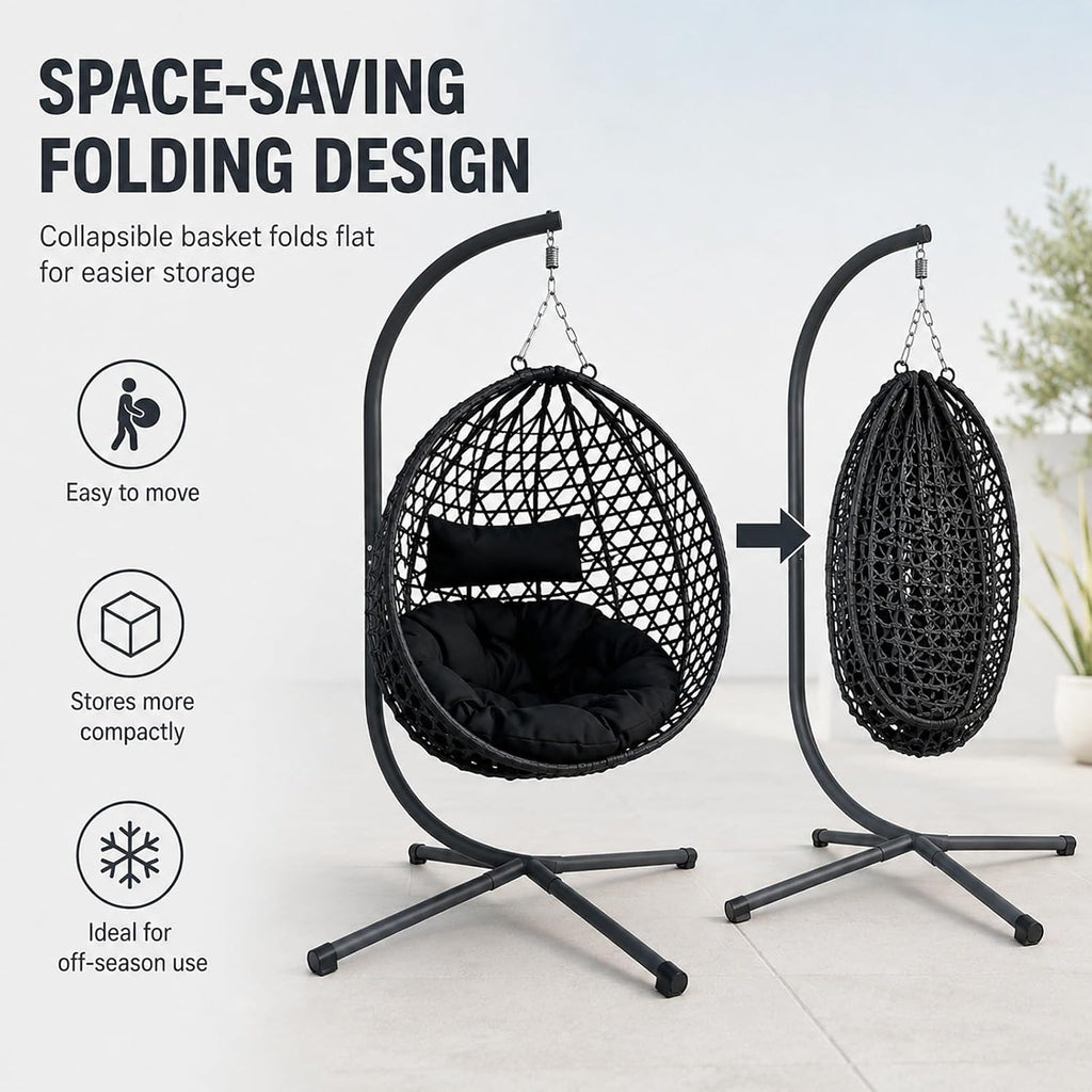 PE Rattan Hanging Egg Chair with Stand, Outdoor Folding Hammock Swing Chair Balcony Backyard Bedroom, Heavy Duty