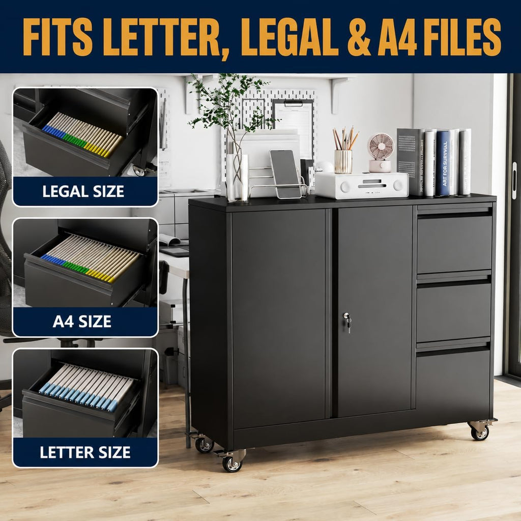 3 Drawer File Cabinet, Office Mobile Filing Cabinet, Printer Stand | All-in-One Office Storage, 3 Storage Drawers, 2