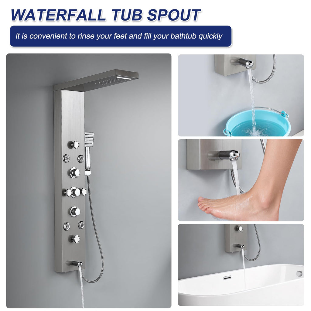 6 in 1 Rainfall Waterfall Shower Panel Tower System, Brushed