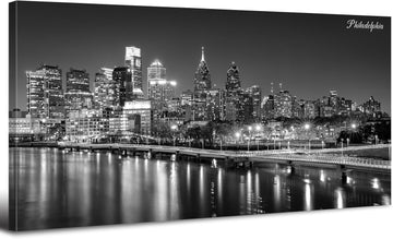Philadelphia Skyline Canvas Wall Art Black and White Pennsylvania Cityscape Pictures Philly City Night View Prints