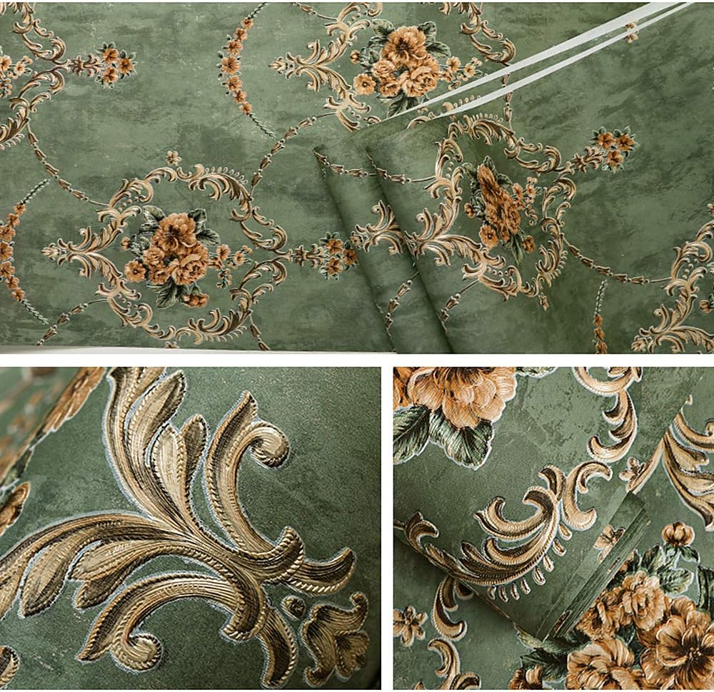 Textured Vintage Damasks Floral Pattern Wallpaper Wallcoverings for Walls, 57 Square ft/Roll (Green(Flower))