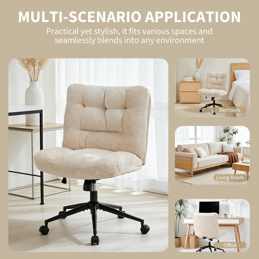 Home with Wheels, Armless Vanity Desk Chair in Soft Chenille Fabric, Double Cushion Wide Seat, Swivel Height