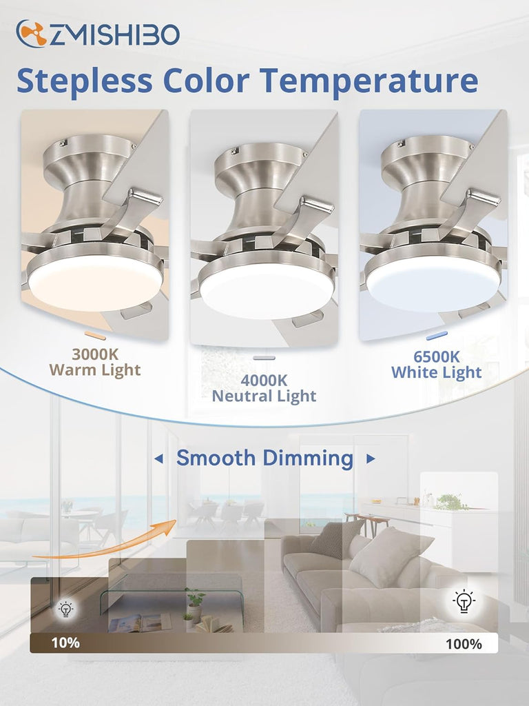 42 Inch Ceiling Fan with Light, App&Remote Control, Flush Mount Low Profile, Dimmable 20W LED Light, Quiet Reversible Motor for Bedroom, Living Room, Apartment, Nickel