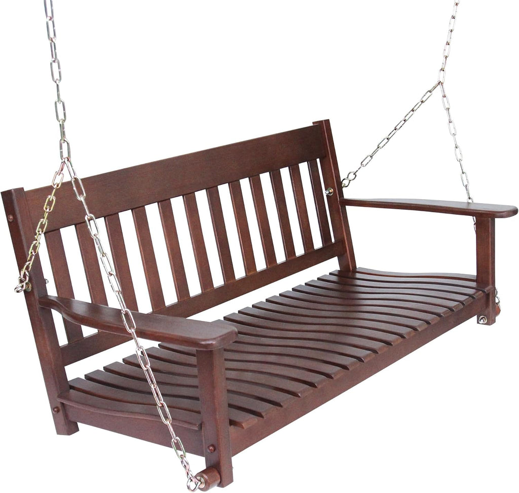 Bentley Solid Wood Mahogany Porch Swing, Natural Brown, Durable Weather-Resistant Outdoor Hanging Bench for Porch