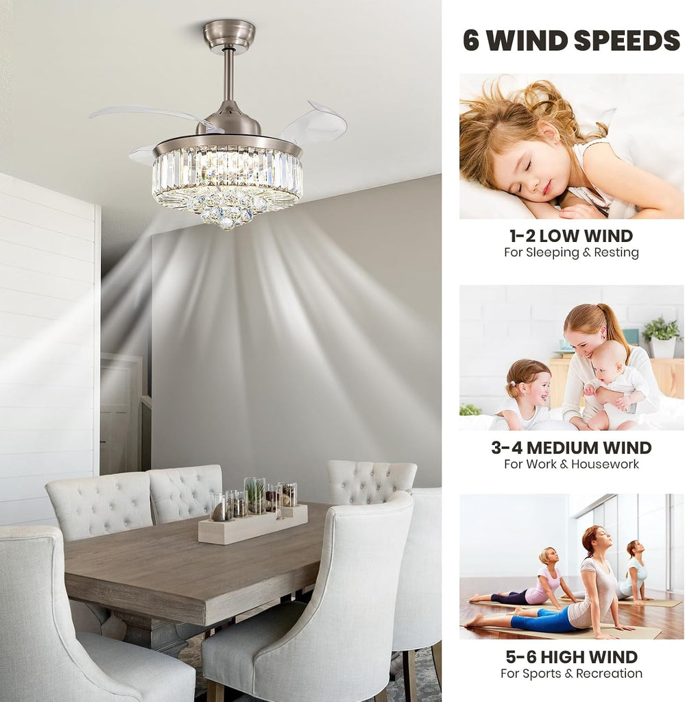 36 Inch Crystal Chandelier Fan, Ceiling Fan with Light and Remote Control, Invisible Retractable Fandelier, Dimmable