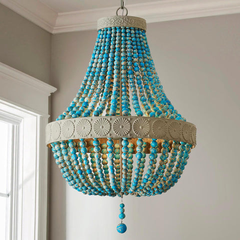 Farmhouse Chandeliers, Vintage Design Wood Bead Pendant Light Fixture, D18 x H26, Adjustable 60" Chains, 4 x E12 Sockets, Rustic Blue Finish Bead & Dirt Grey Finish Metal Frame A100-B0CN4FFHS2