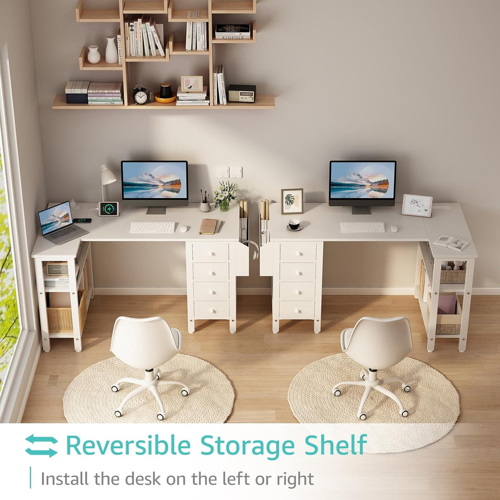 White L Shaped Computer Desk with Drawers & Storage Shelves, 47 Inch Corner Reversible Desk with Power Outlet Bedroom