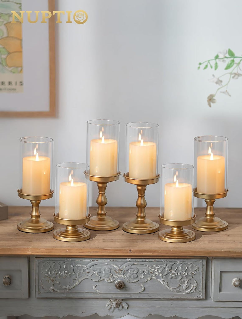 Hurricane Glass Candle Holders: Gold Pillar Candle Stand with Open Ended Chimney - Set of 3 Metal Candleholder for