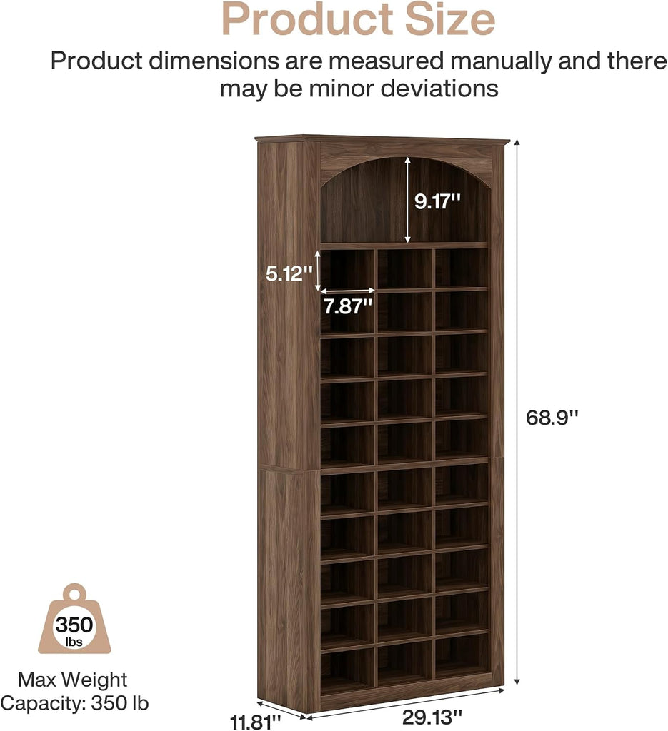 68.7" Tall Shoe Cabinet, 30-Cube Large Capacity Shoe Organizer with Arched Display Shelf, Rustic Entryway Storage for