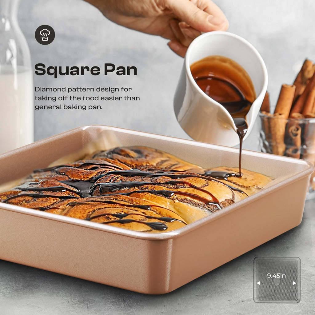 12-Piece Nonstick Bakeware Set with Pan - Ceramic Coated Gold | Set with Pan, Cake Pan, Muffin Pan, Loaf Pan, Square