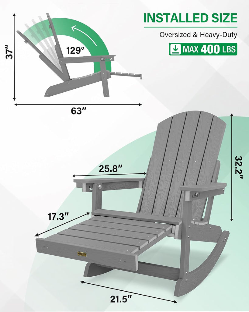 Adirondack Rocking Chairs, Adirondack Chair with Footrest, Grey | 5- Level Adjustable Backrest, Retractable Ottoman &