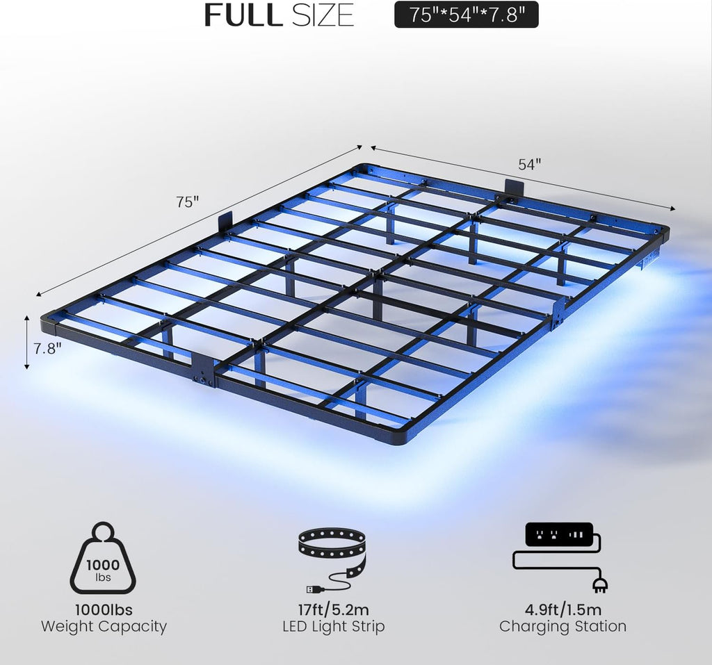 Floating Bed Frame Full with Smart LED Lights and Charging Station