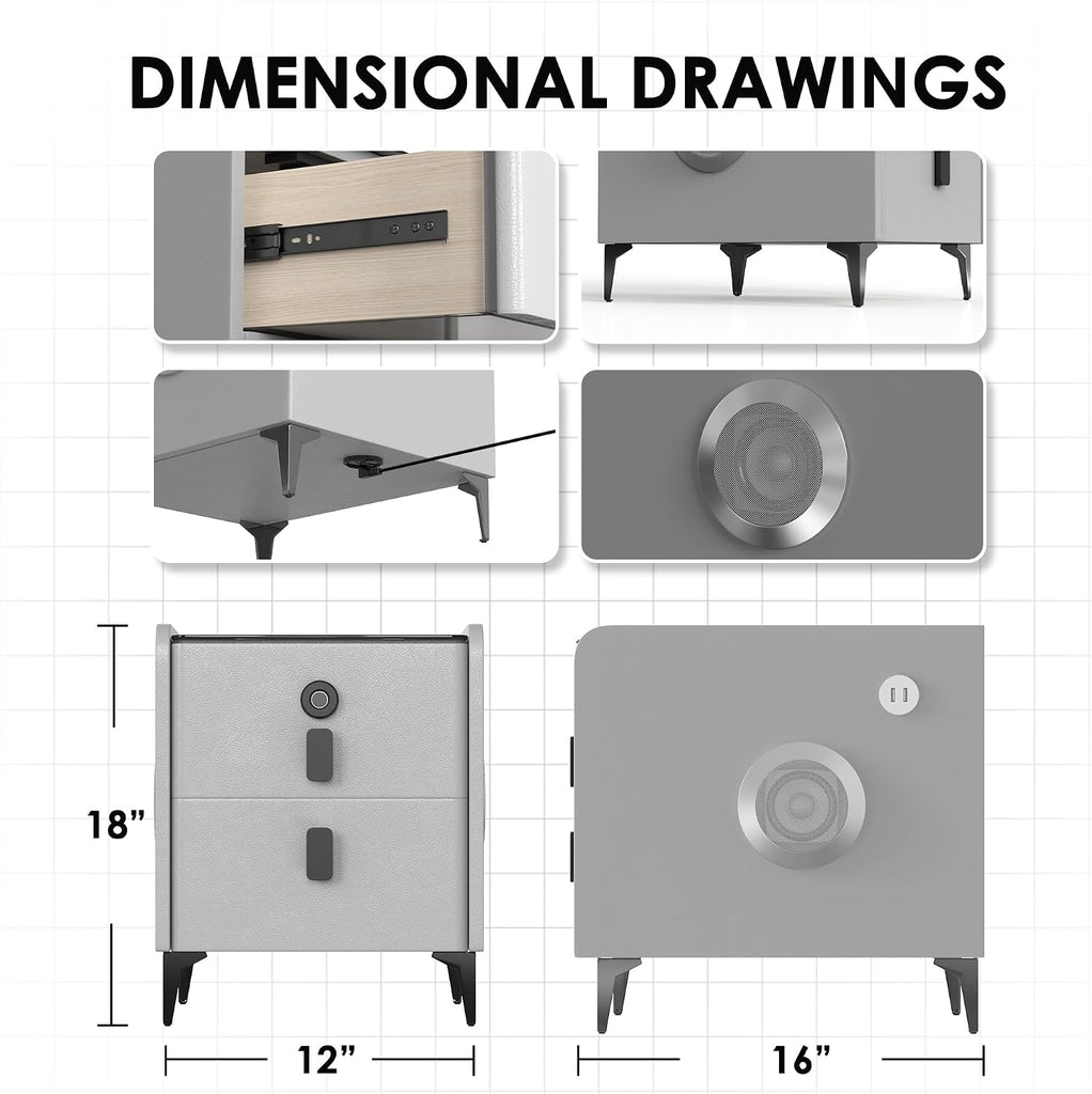 Grey Night Stand with Wireless Charging Station, Nightstand with 2 Drawers, Smart Bedside Table with 3 Lighting and
