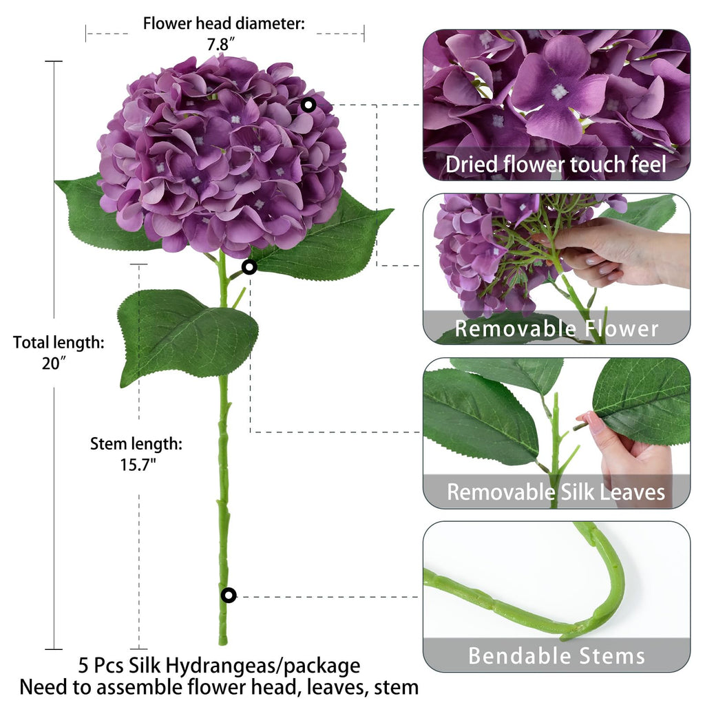 5 Pcs Dark Purple Silk Hydrangea Artificial Flowers - Boho Dried Touch 20'' Faux Hydrangeas for Fall Home Decor