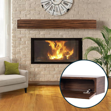 Floating Wood Mantel Shelf with Hidden Storage Compartment - Mocha 60 Inch | Beautiful Wooden Rustic Shelf