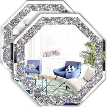 2 Piece Wall Mirrors Octagon, Crush Diamond Mirrors Wall Decor, Silver Decorative Mirrors Decor, Bedroom, Bathroom.