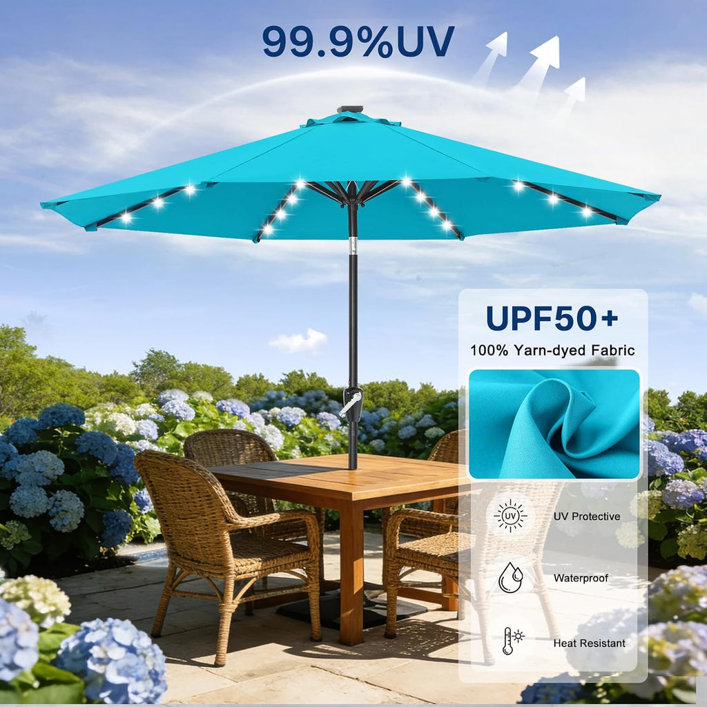 Durable Solar Led Patio Umbrellas with 32LED Lights 9FT (Turquoise)