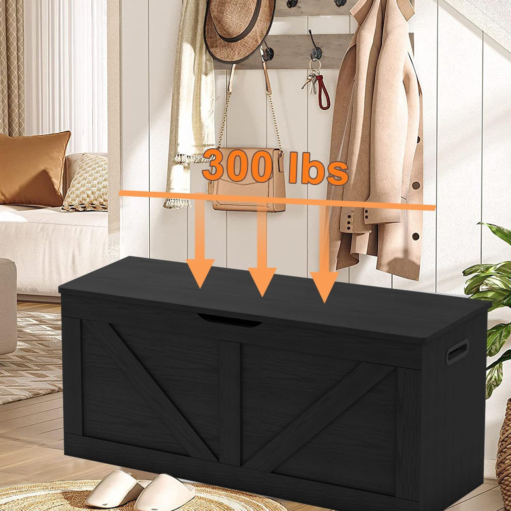 39.4" Storage Chest, Wooden Storage Bench, Large Storage Trunk | Entryway Shoes Bench with 2 Safety Hinges, Black