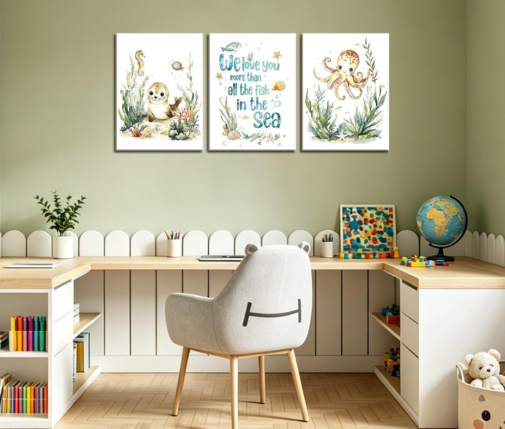Framed Ocean Nursery Canvas Wall Art, Cute Sea Animals with Quote, Set of 3, 12x16 Inch, Kids Room Decor