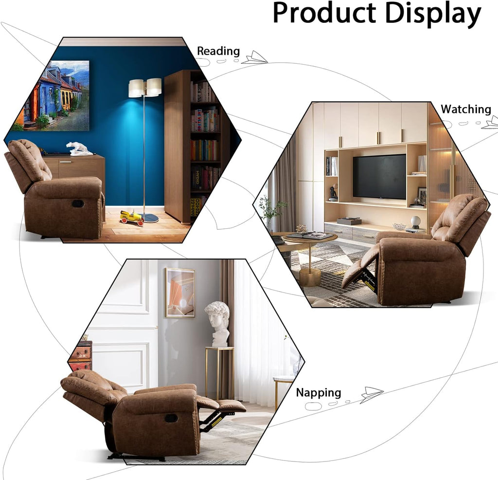 Leather Recliner Chair, Heavy Duty Manual Reclining Sofa Single Lounge Sofa Theater Seating, Light Brown
