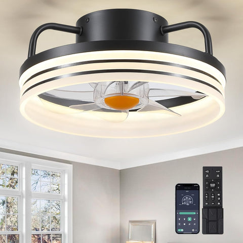 Ceiling Fans with Lights - 13" Bladeless Flush Mount Ceiling Fans with Remote and Led Light, 3CCT 6 Speeds 2 Timer, Black Low Profile Ceiling Fan Light for Modern Indoor Bedroom A101-B0DBZJSVP4