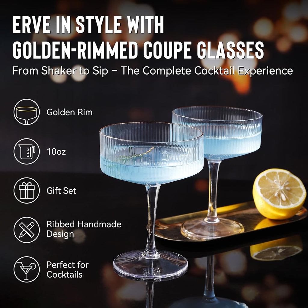 Cocktail Shaker Set with Coupe Glasses - 5-Piece Gift Set Includes Pineapple Glass Shaker with Gold Lid, Jigger, Bar - Set of 5
